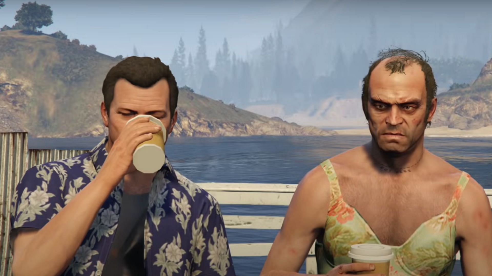 Michael and Trevor in the fan-made GTA 6 trailer 2 recreation in GTA 5 (Image via YouTube/@guimazr)